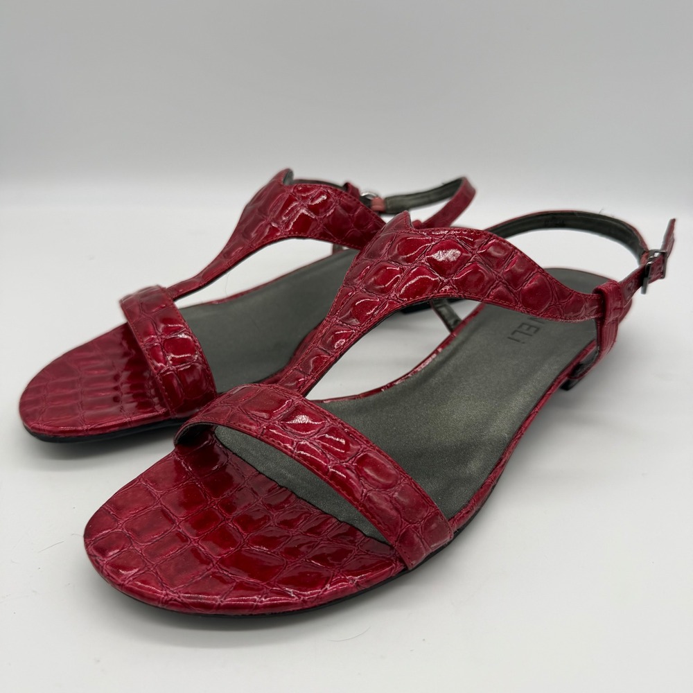 Vaneli Red Croc Embossed Patent Leather T-Strap Slingback Sandals